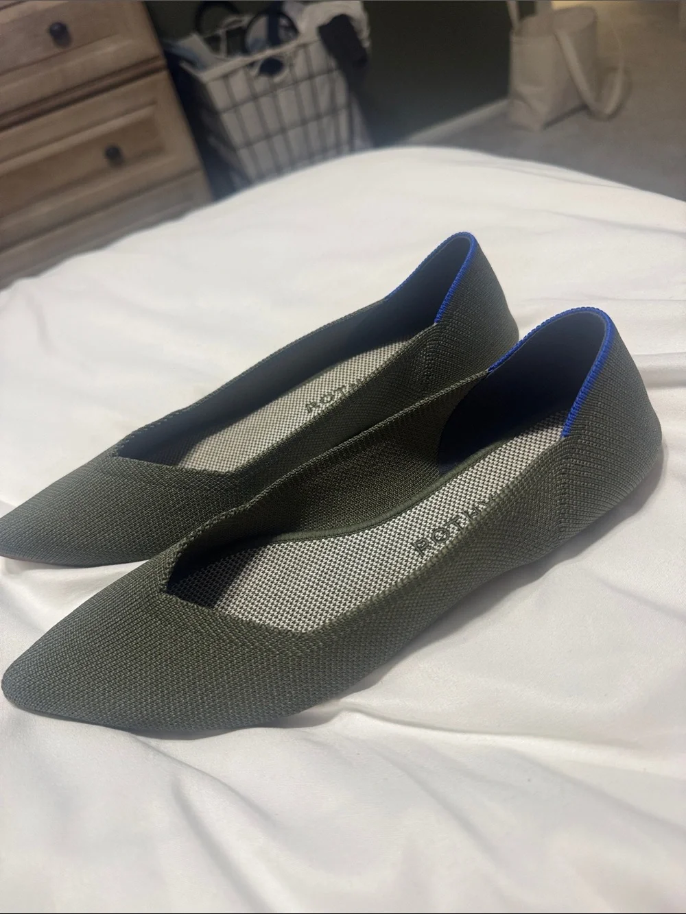 Rothy's Olive Green Pointed-Toe Knit Flats with Blue Trim